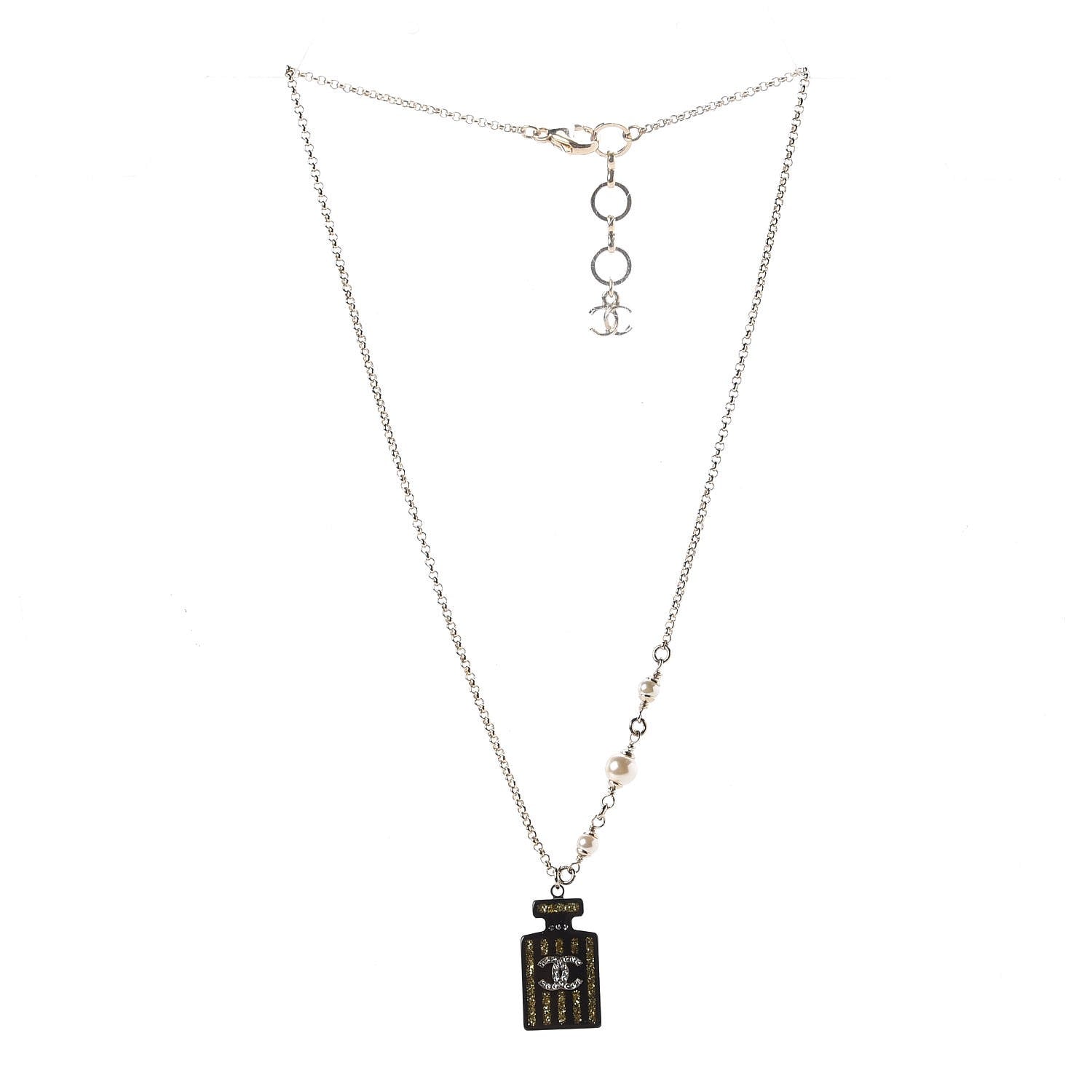 Chanel Resin Strass Perfume Bottle CC Necklace Black Gold 3 of 7