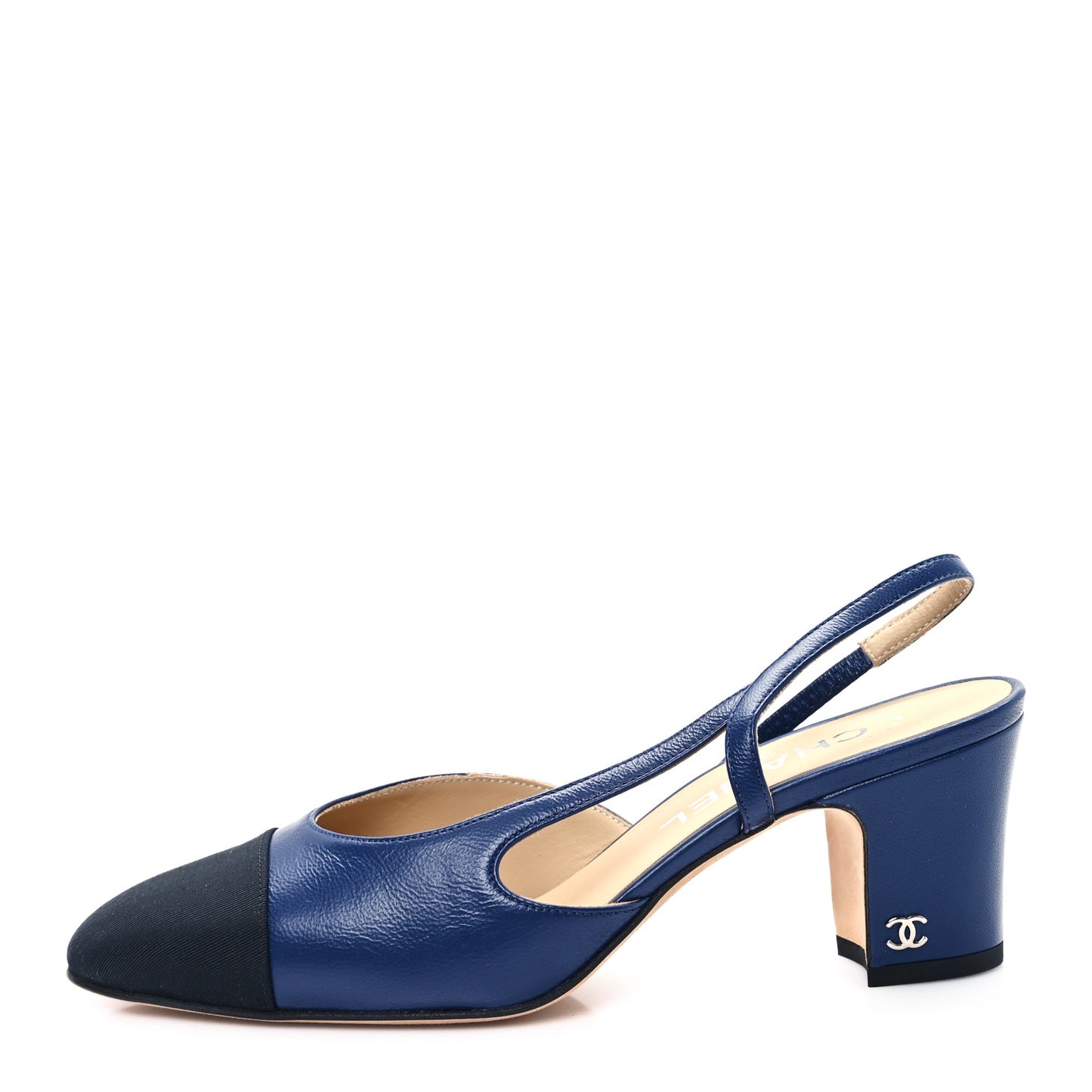 Goatskin Grosgrain Cap Toe CC Slingback Pumps 36.5 Navy Black