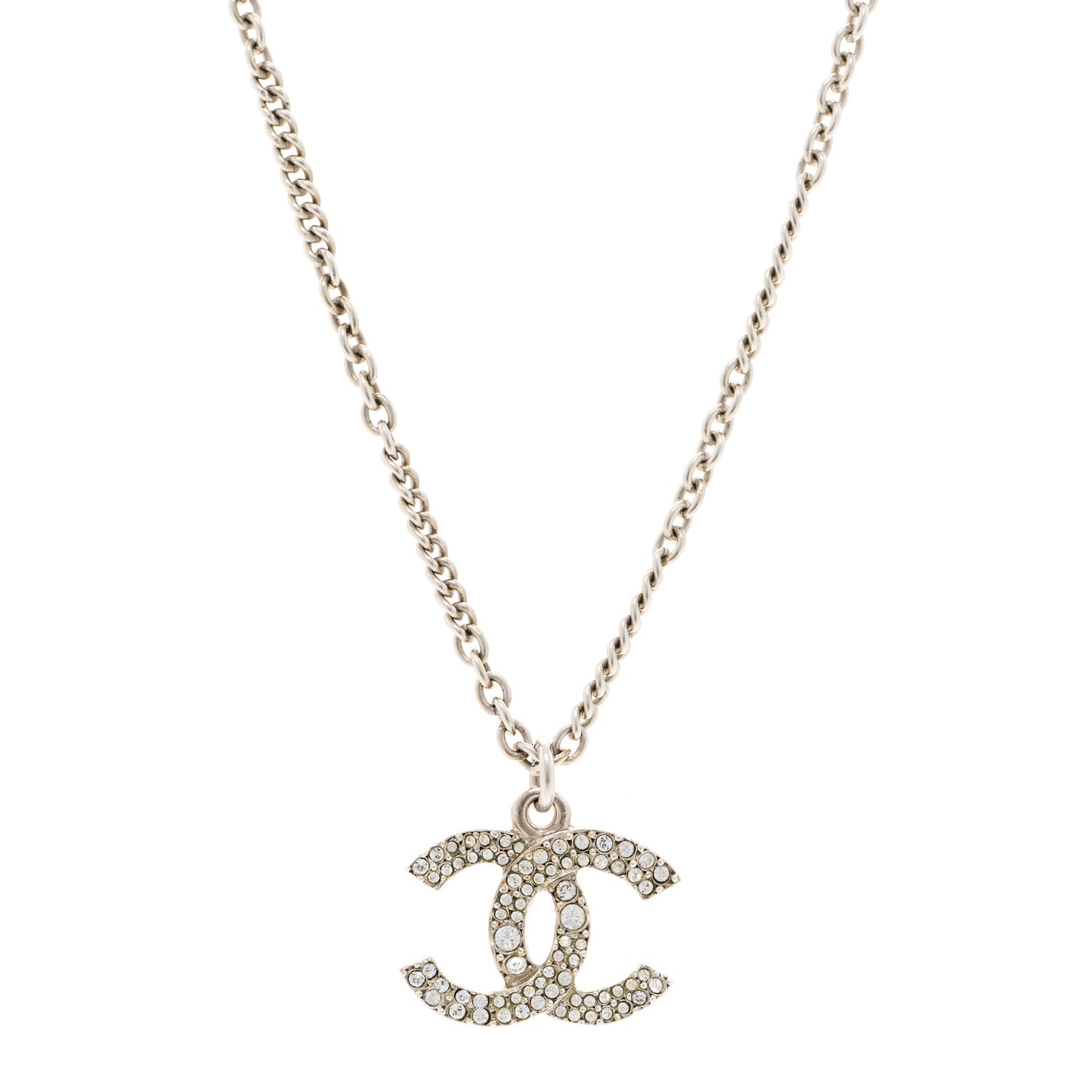 Crystal Pearl CC Pendant Necklace Silver