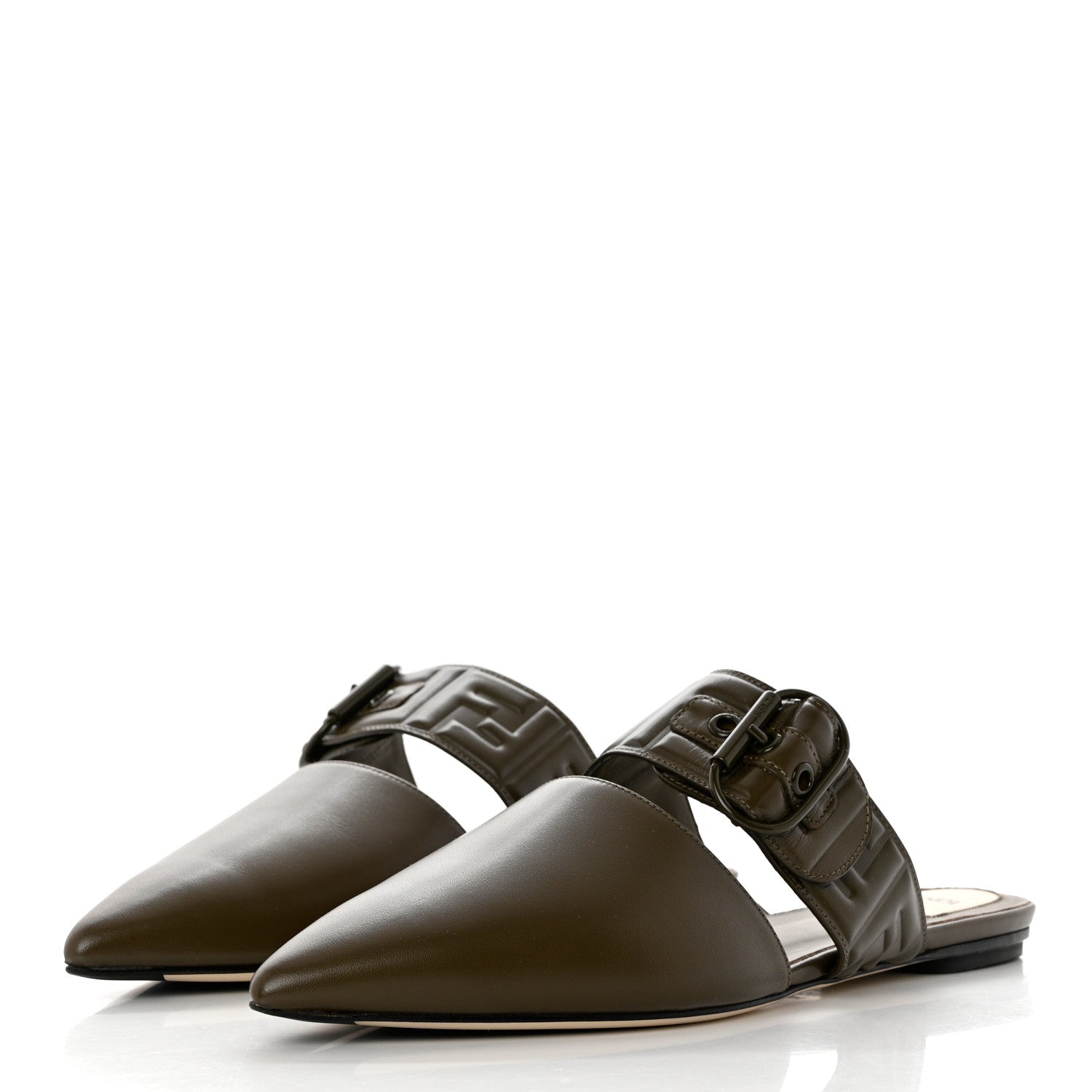 Fendi Vitello FF Embossed Buckle Flat Mules 40.5 Wood 3 of 8