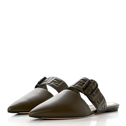 Fendi Vitello FF Embossed Buckle Flat Mules 40.5 Wood 3 of 8