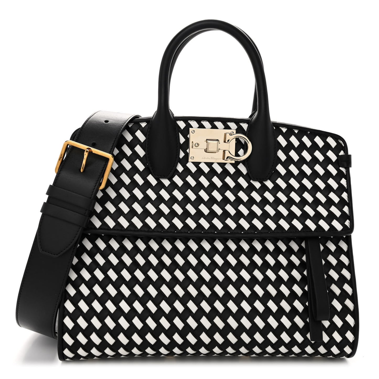 Woven Calfskin Medium Studio Top Handle Bag Black White