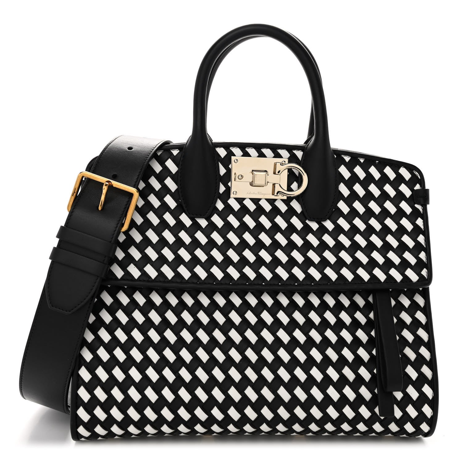 Salvatore Ferragamo Woven Calfskin Medium Studio Top Handle Bag Black White 1 of 9