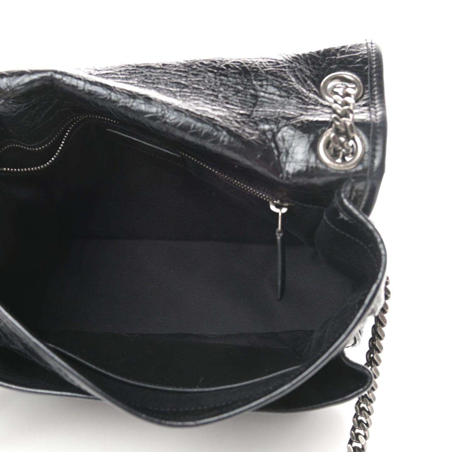 Crinkled Calfskin Matelasse Monogram Medium Niki Chain Satchel Black