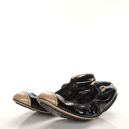Chanel Patent Calfskin Elastic Cap Toe Ballerina Flats 37 Black Beige 3 of 8