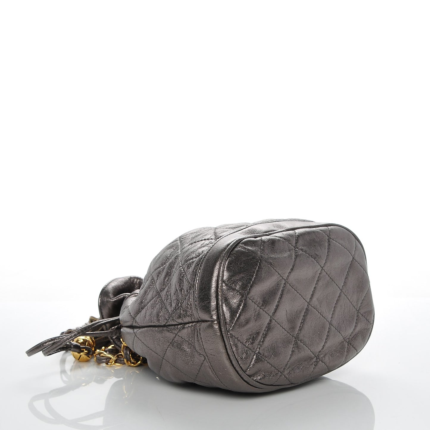 Metallic Lambskin Drawstring Pouch Bag Dark Silver
