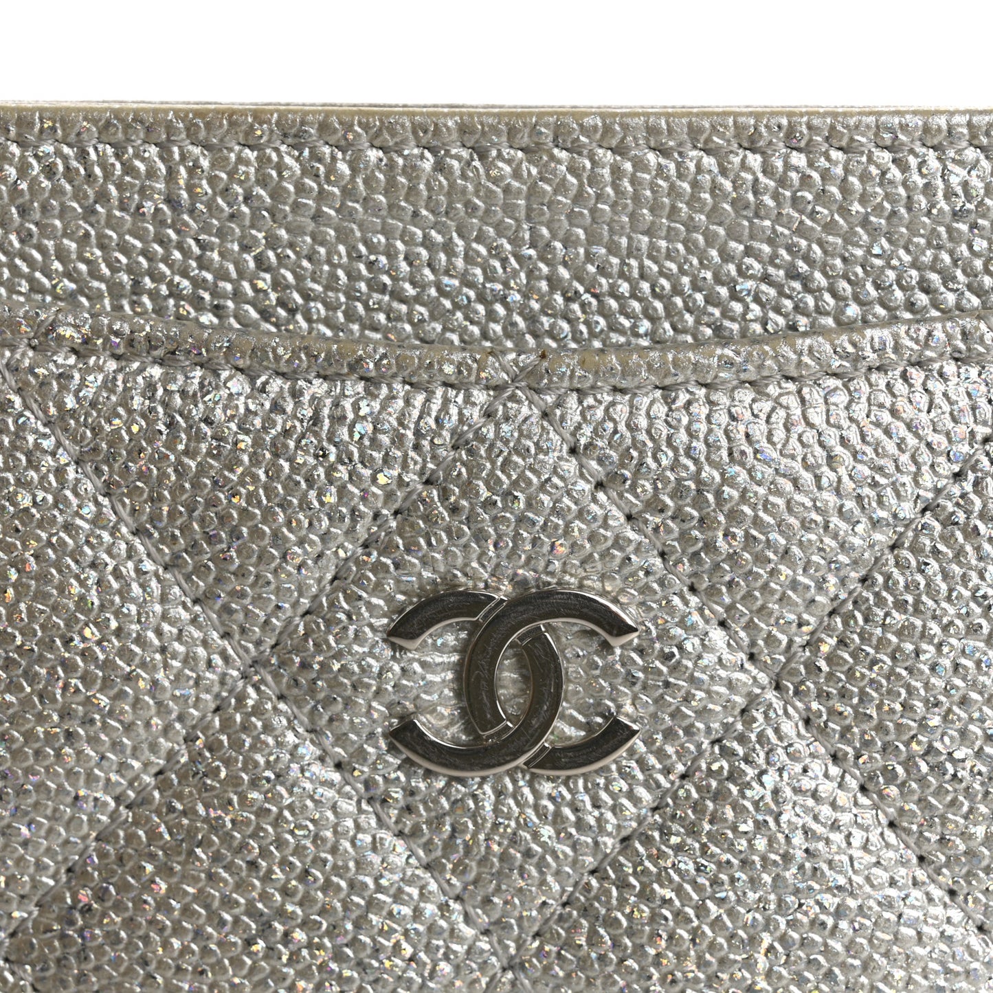 Glittered Metallic Caviar Quilted Card Holder Silver