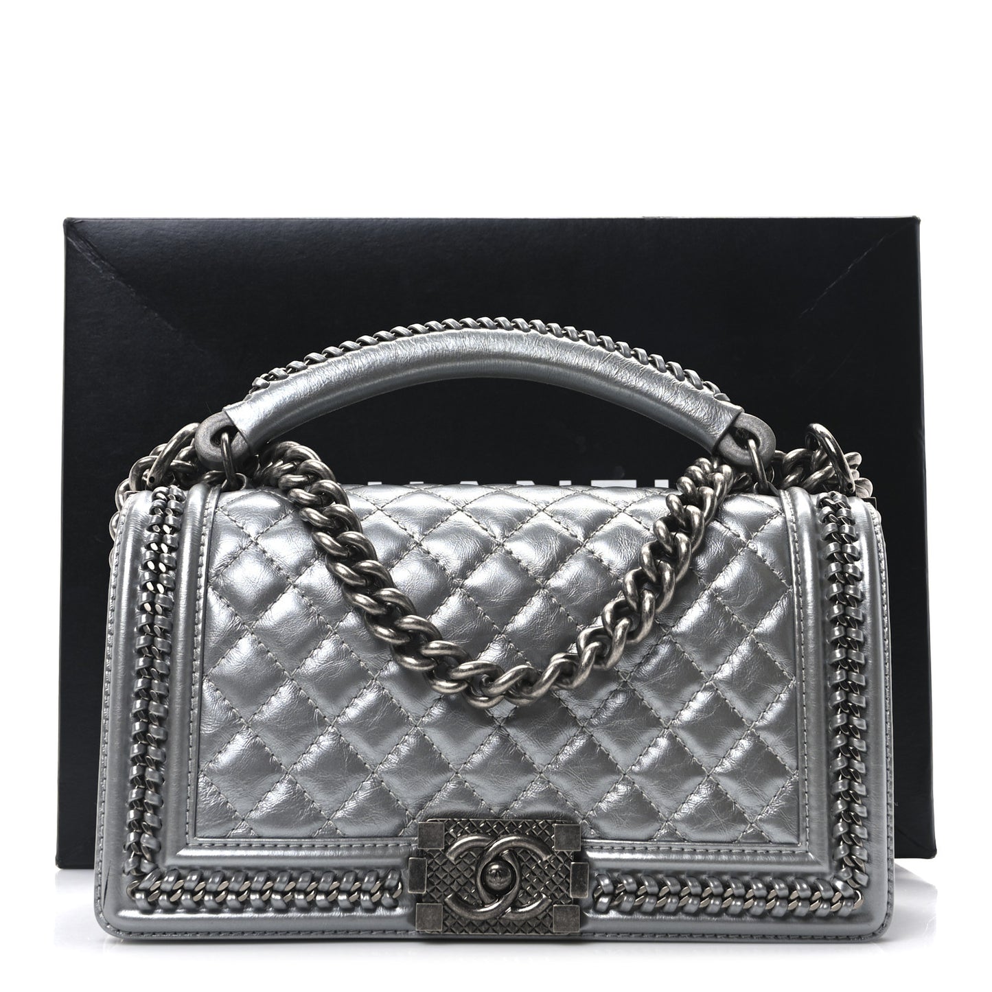 Metallic Calfskin Quilted Medium Top Handle Boy Flap Silver