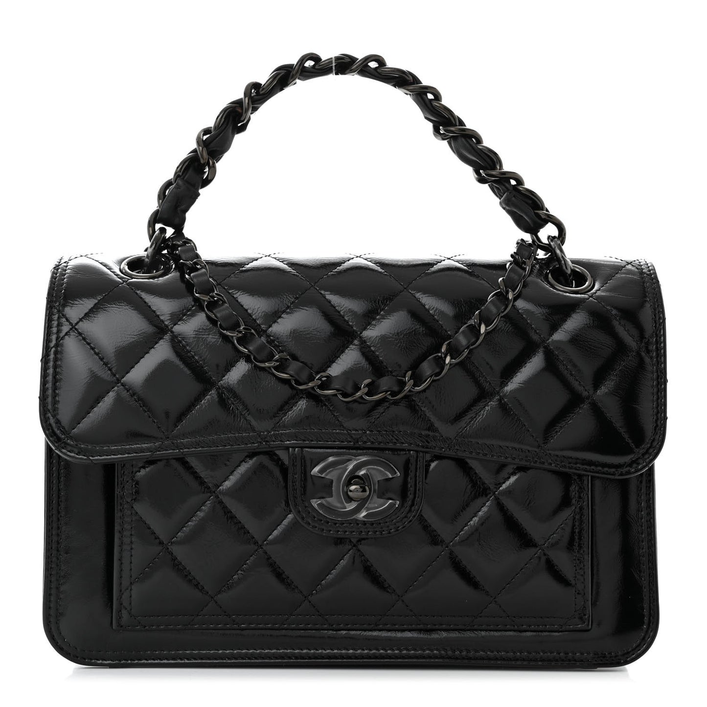 Shiny Crumpled Calfskin Quilted Large Double You Flap So Black