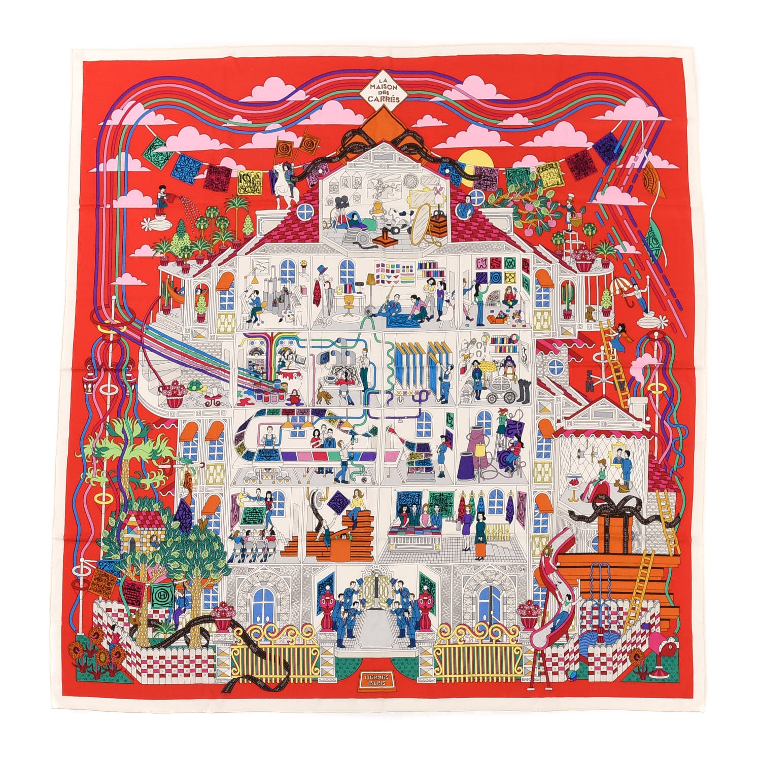 Hermes Cashmere Silk La Maison des Carres Shawl 140 Rouge White Multicolor 1 of 4