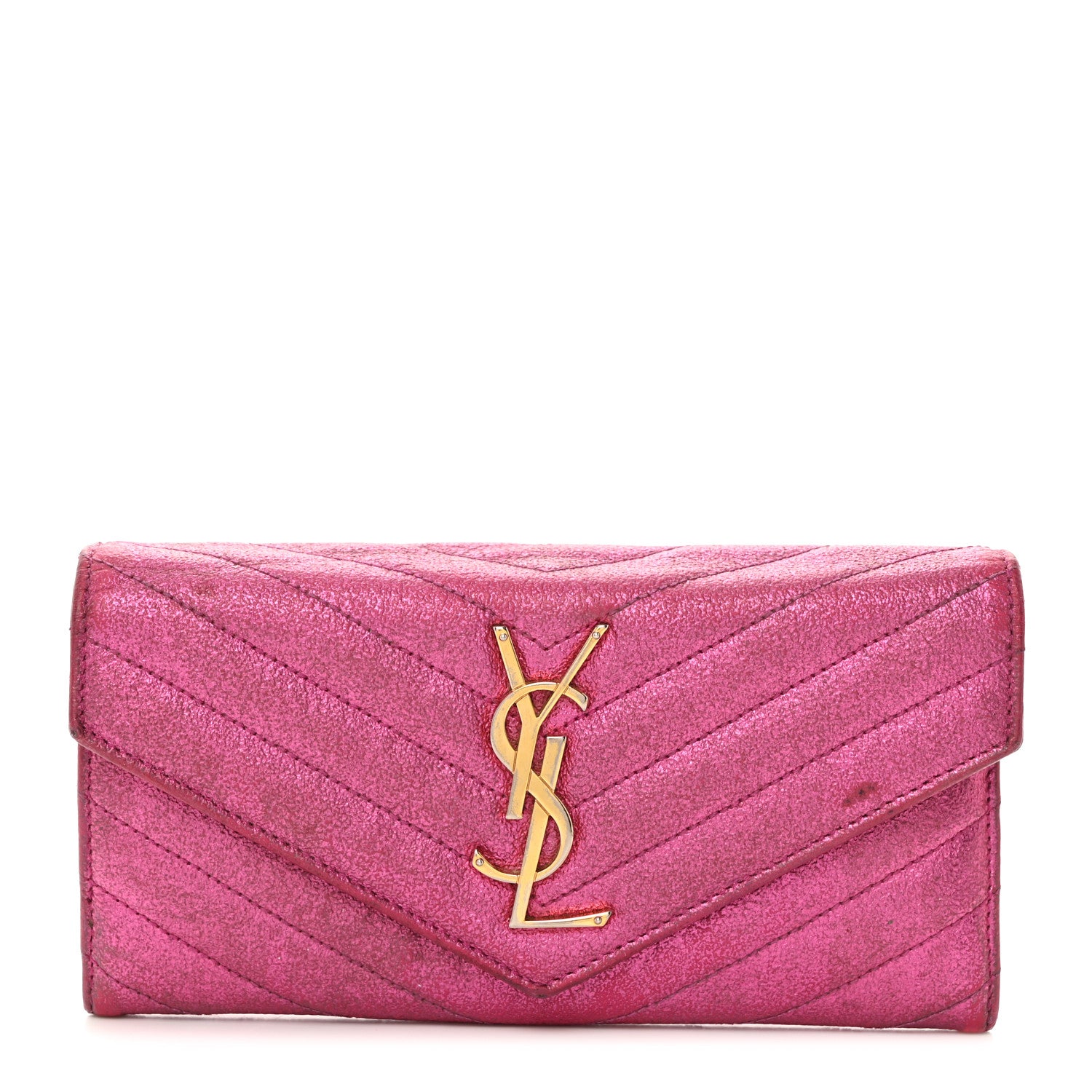 Saint Laurent Metallic Crackled Calfskin Matelasse Chevron Monogram Flap Wallet Fuchsia 1 of 10