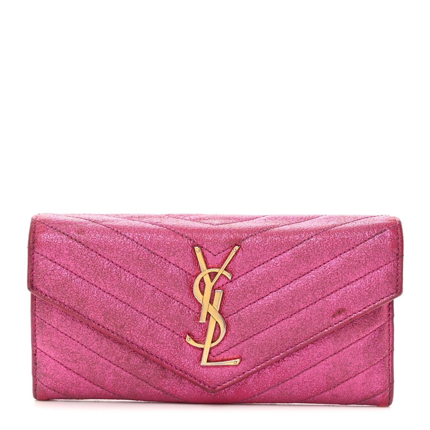 Metallic Crackled Calfskin Matelasse Chevron Monogram Flap Wallet Fuchsia