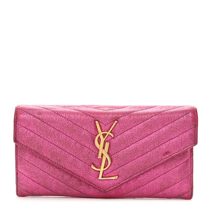 Saint Laurent Metallic Crackled Calfskin Matelasse Chevron Monogram Flap Wallet Fuchsia 1 of 10