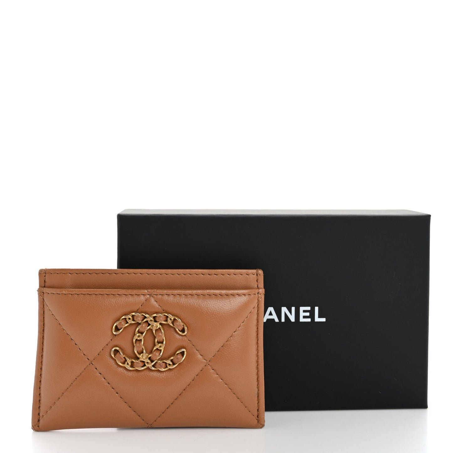Lambskin Quilted Chanel 19 Card Holder Brown