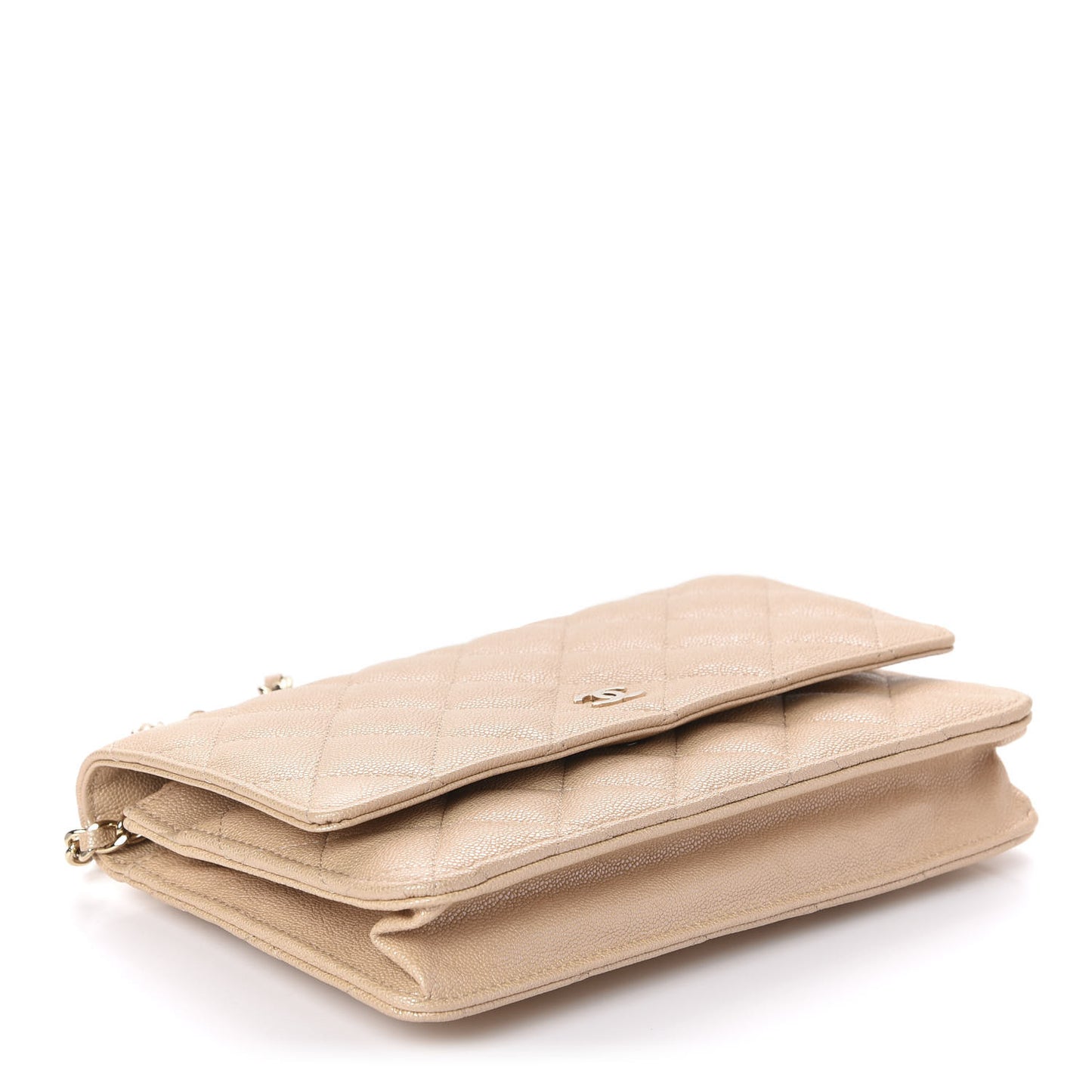 Iridescent Caviar Quilted Wallet On Chain WOC Beige