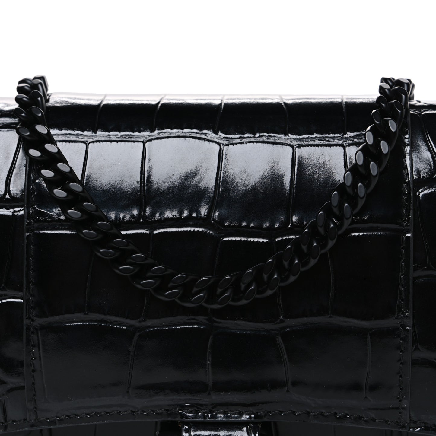 Shiny Calfskin Monochrome Crocodile Embossed Hourglass Chain Bag Black
