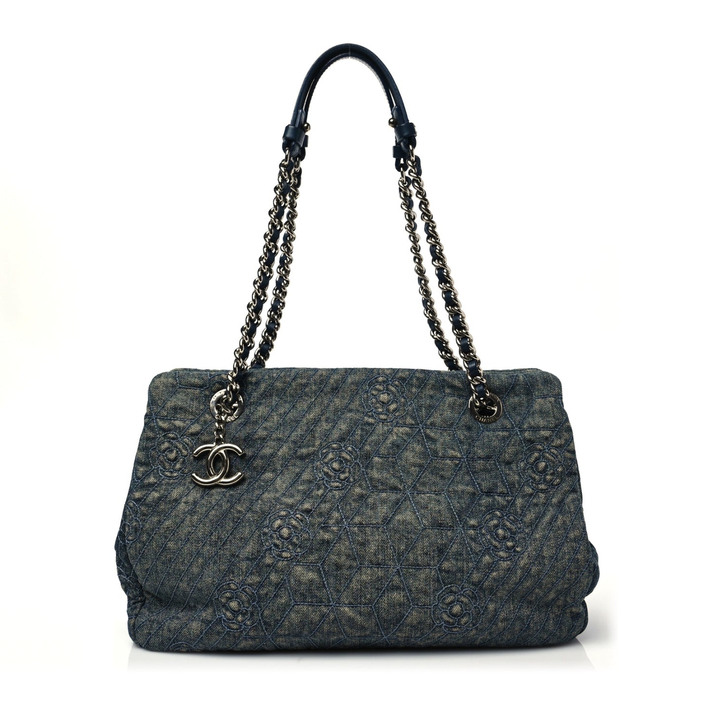 Denim Camellia Embroidered Shopping Tote Blue