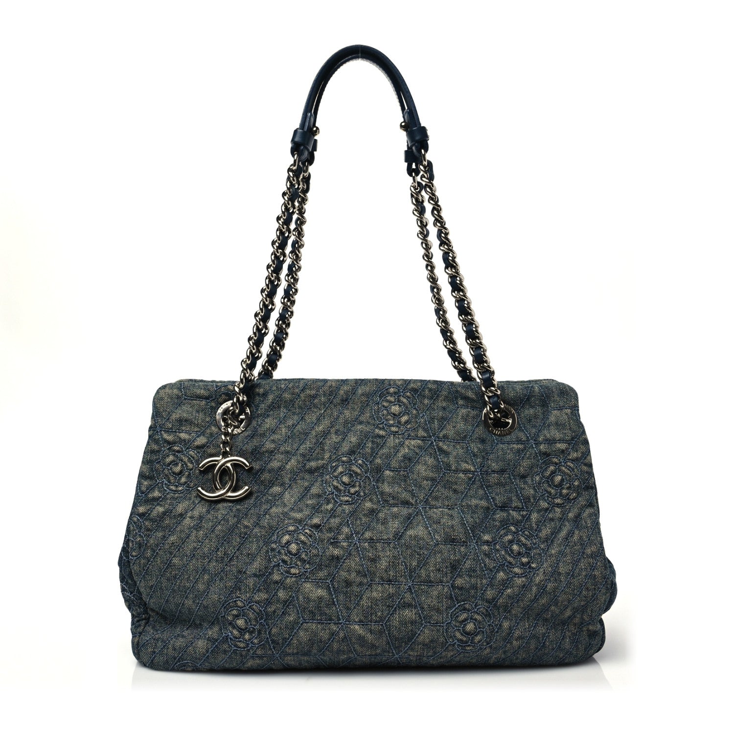Chanel Denim Camellia Embroidered Shopping Tote Blue 1 of 7