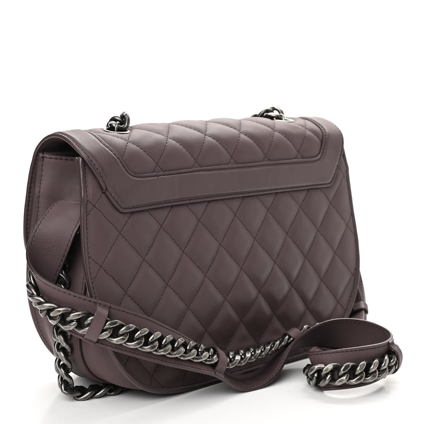 Calfskin Quilted Large Double Chained Messenger Flap Purple