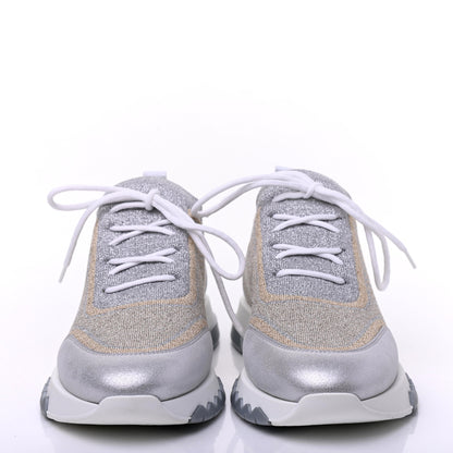 Hermes Metallic Knit Calfskin Suede Goatskin Bi-Color Womens Addict Sneakers 37 Multicolor Gris Argent 2 of 12