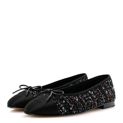 Chanel Tweed Sequin Satin Cap Toe Ballerina Flats 40.5 Black 8 of 20