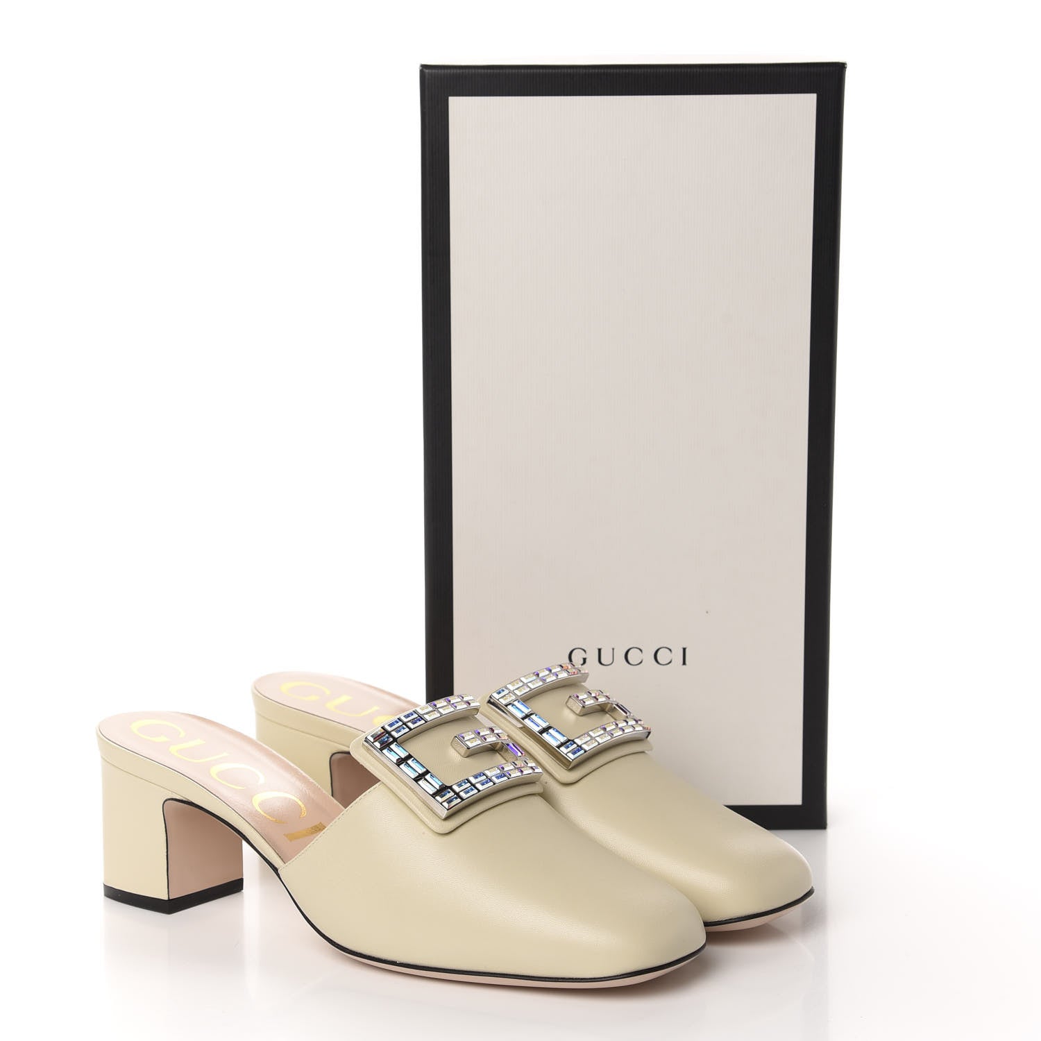 Gucci Malaga Kid Crystal Square G Madelyn Mules 40 Vintage White 10 of 10