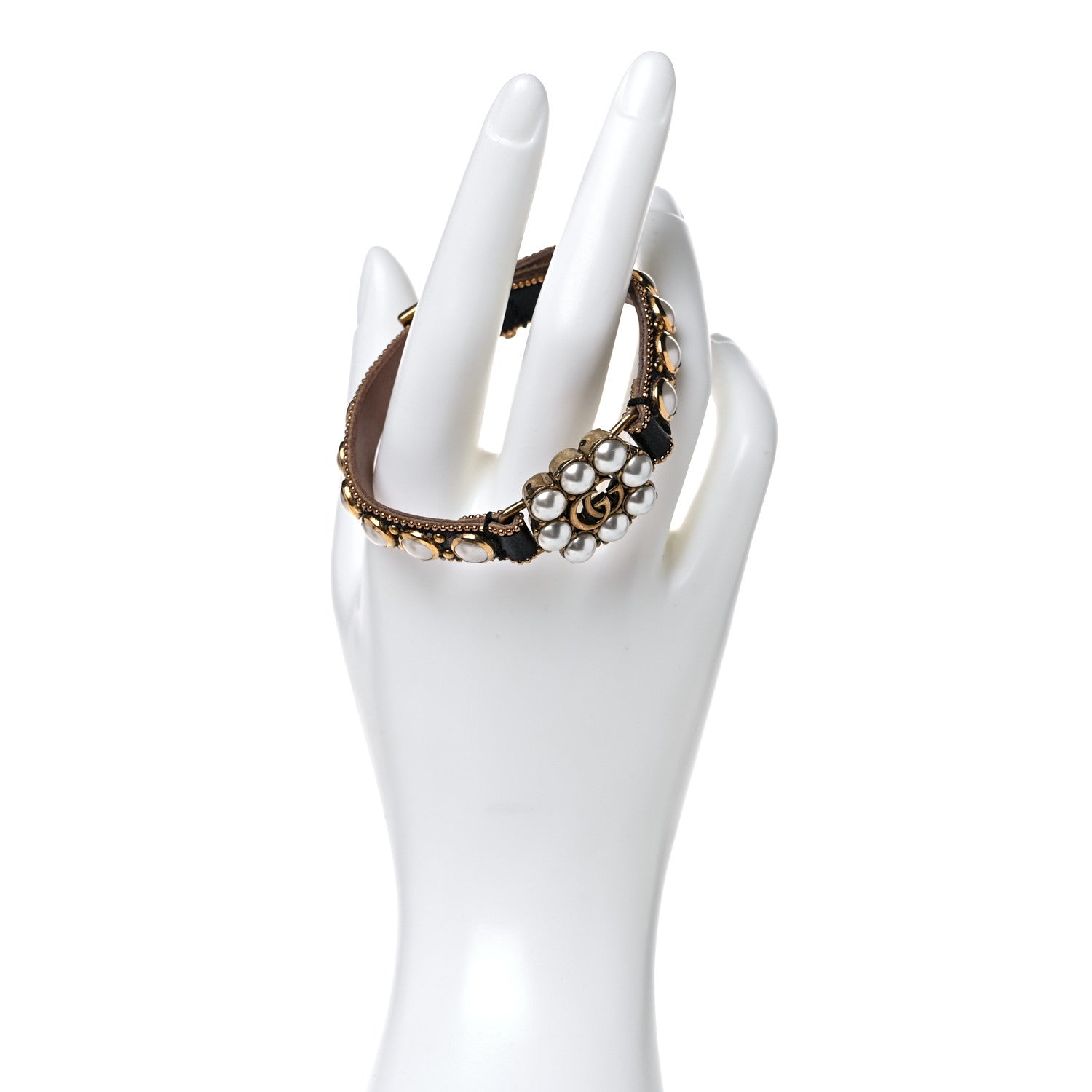Gucci Metal Calfskin Crystal Double G Bracelet Black 2 of 6