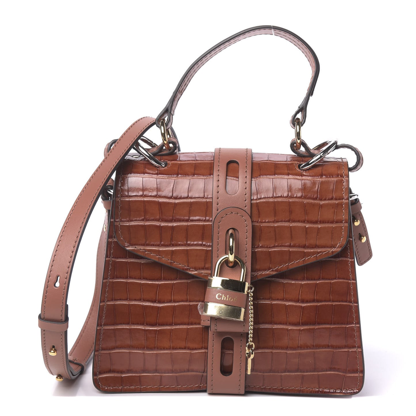 Calfskin Crocodile Embossed Small Aby Day Shoulder Bag Chestnut Brown