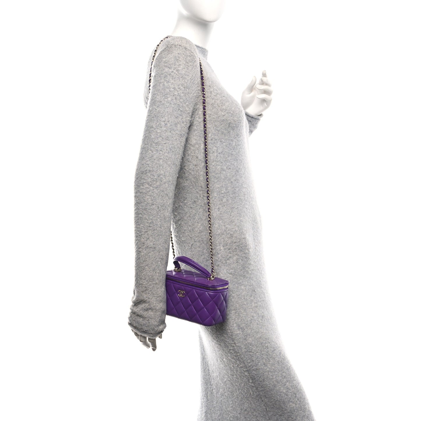 Lambskin Quilted Small Top Handle Vanity Case With Chain Purple