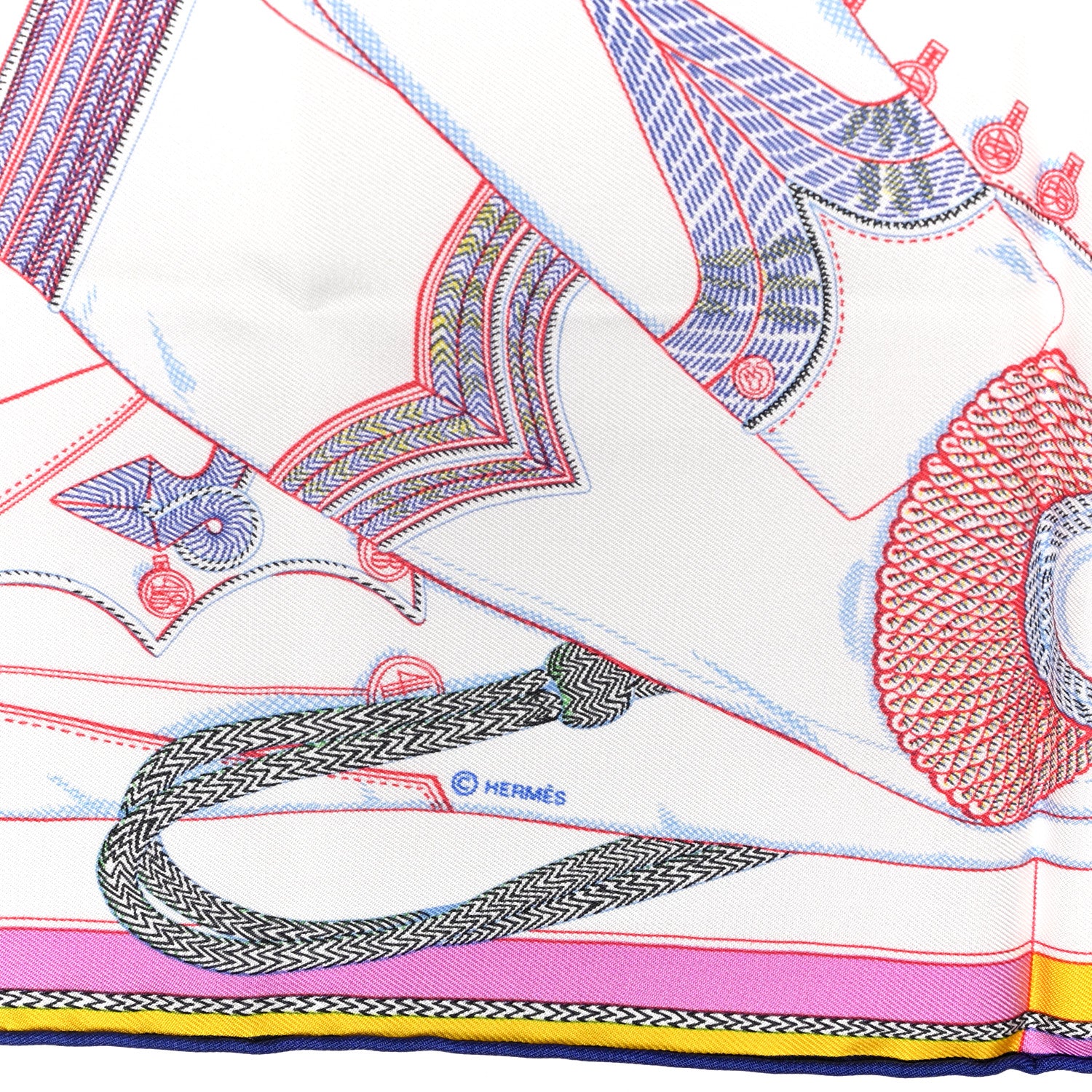 Hermes Silk Zouaves Et Dragons Pocket Square White Rouge Rose 3 of 5
