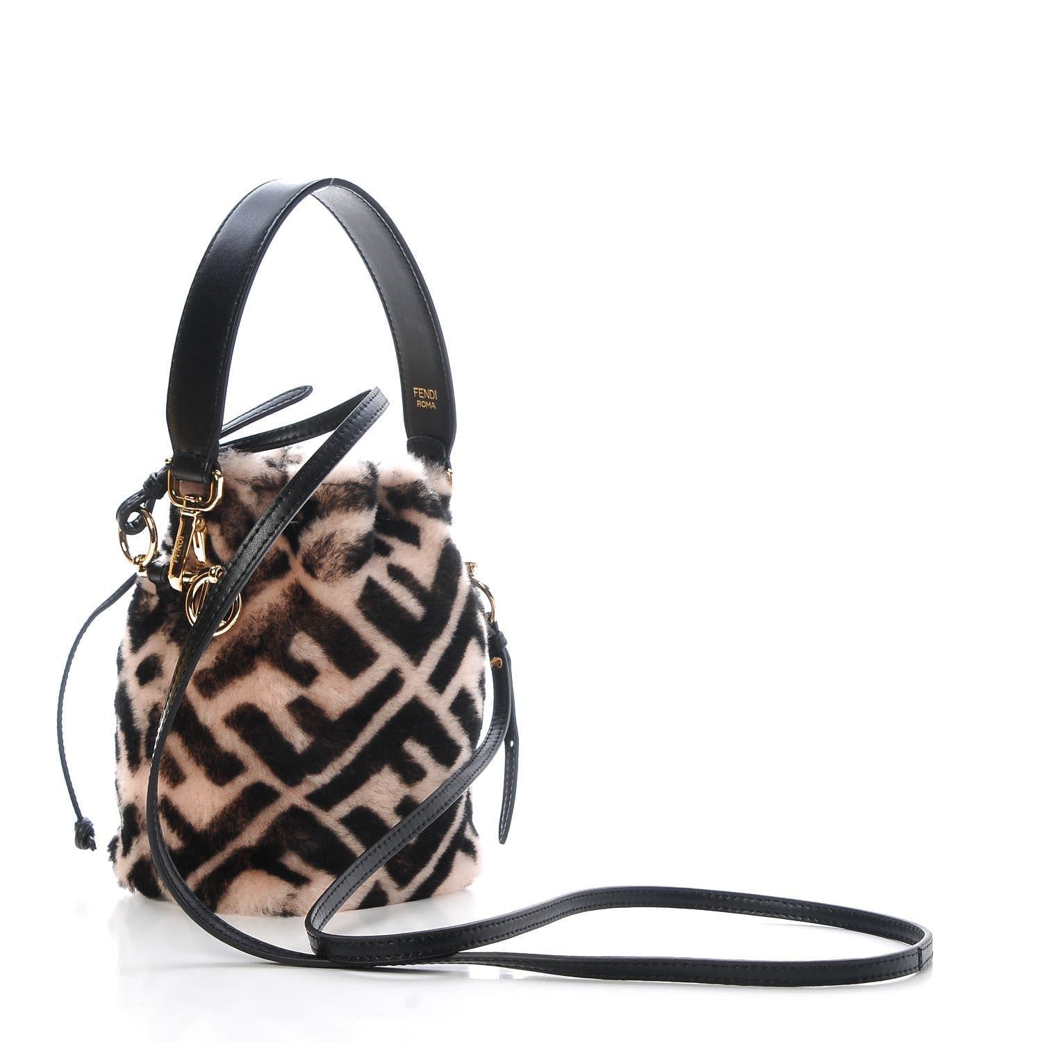 Fendi Shearling F is Macro FF 1974 Diagonal Mini Mon Tresor Bucket Bag Light Rose Black 3 of 8