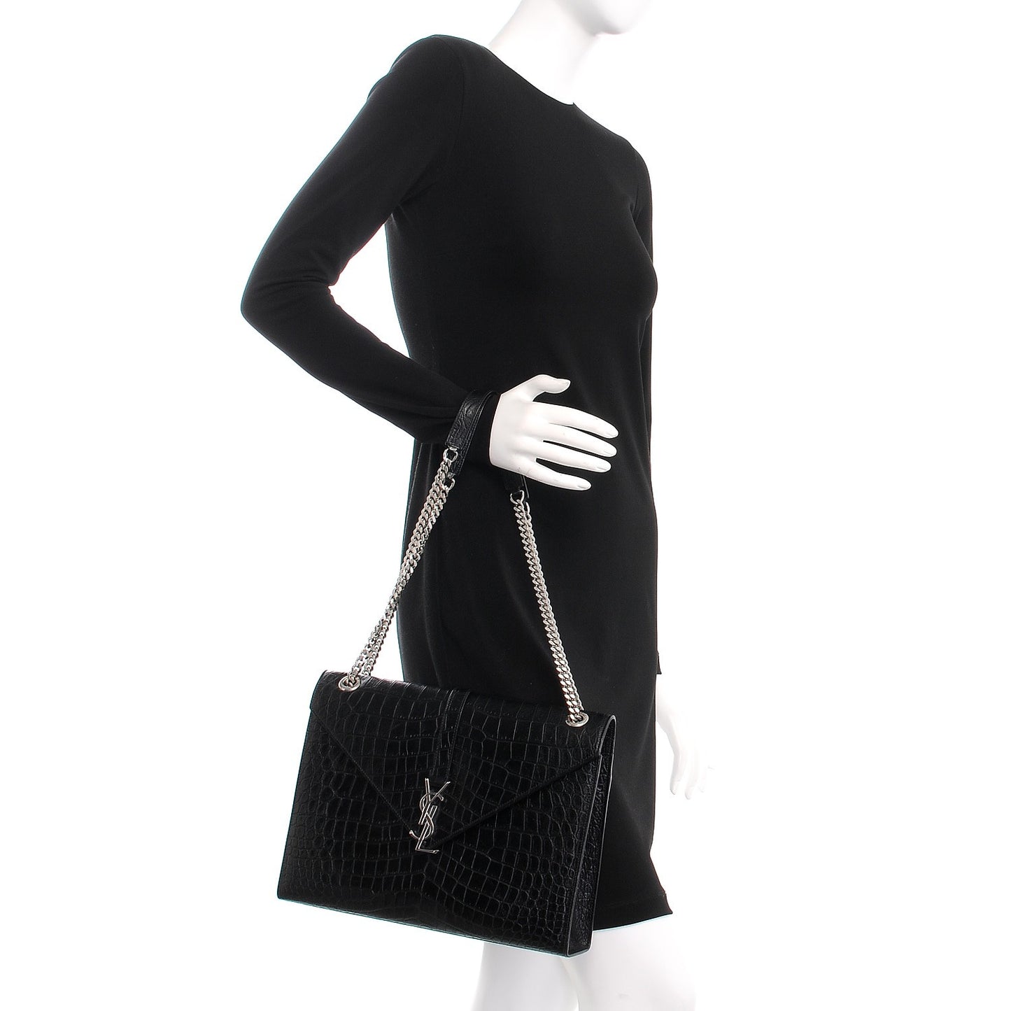 Calfskin Crocodile Embossed Monogram Large Satchel Black