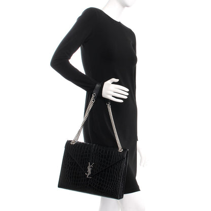 Saint Laurent Calfskin Crocodile Embossed Monogram Large Satchel Black 2 of 8