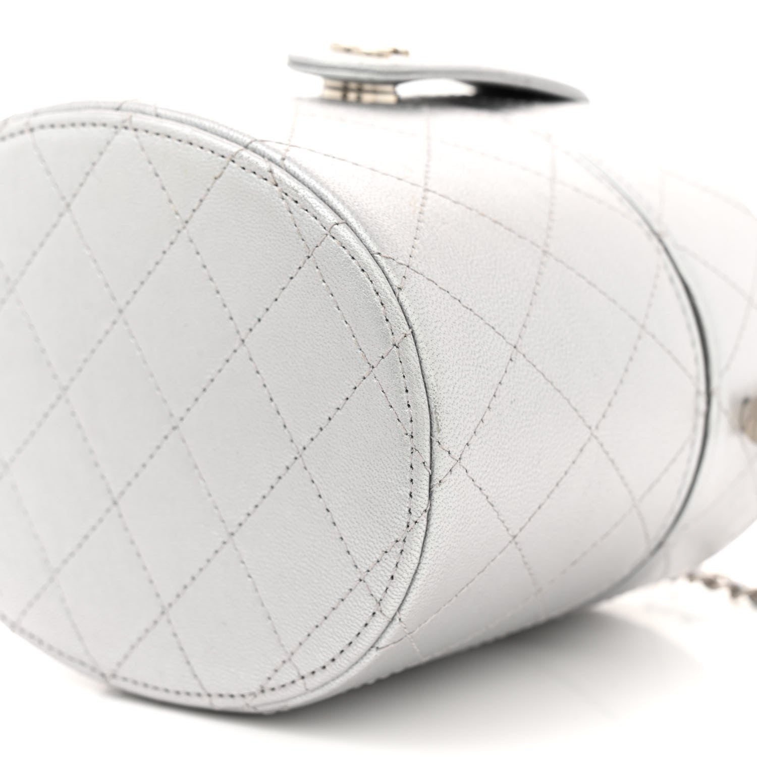 Chanel Metallic Lambskin Quilted Round Vanity Case With Chain Silver 10 of 10