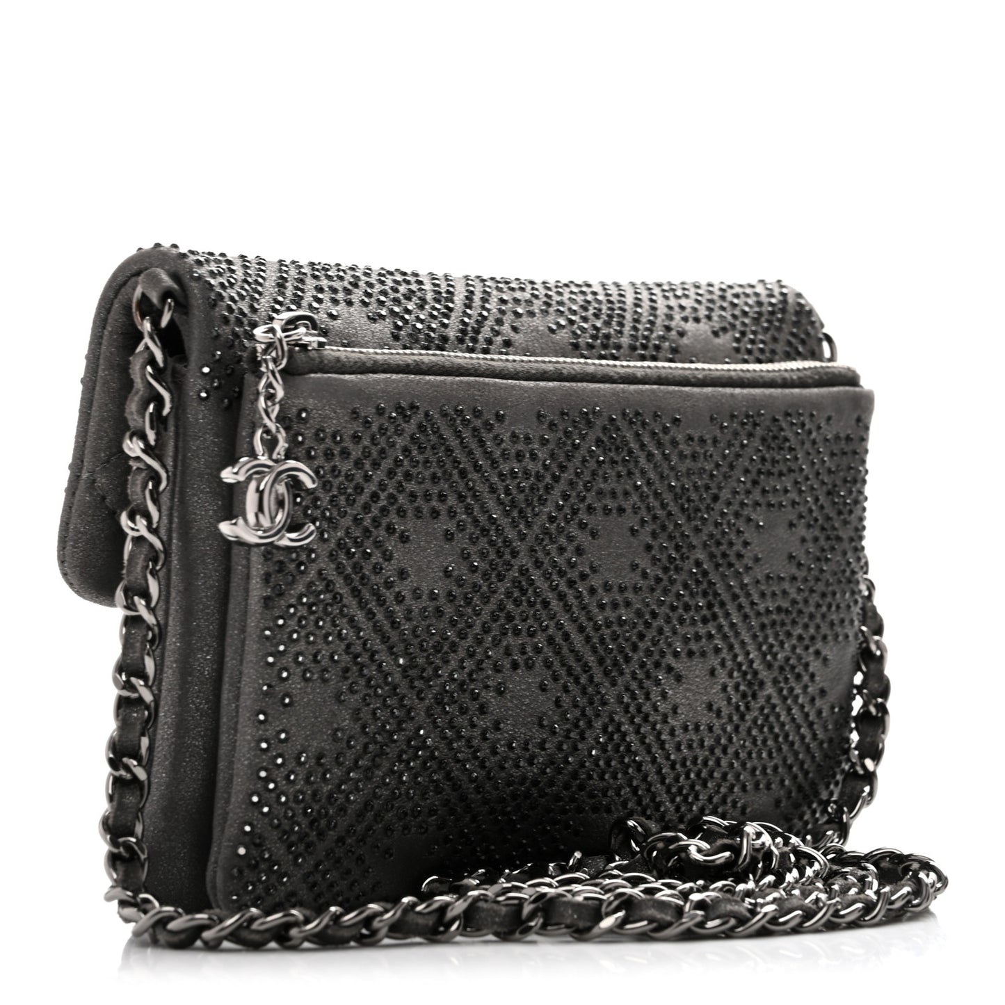 Iridescent Calfskin Crystal Mini Flap Crossbody Bag Gris Fonce