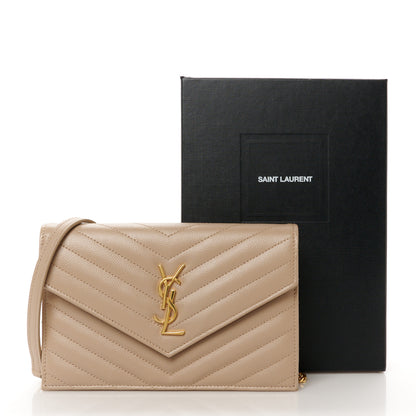 Saint Laurent Grain De Poudre Matelasse Chevron Monogram Envelope Chain Wallet Dark Beige 11 of 11