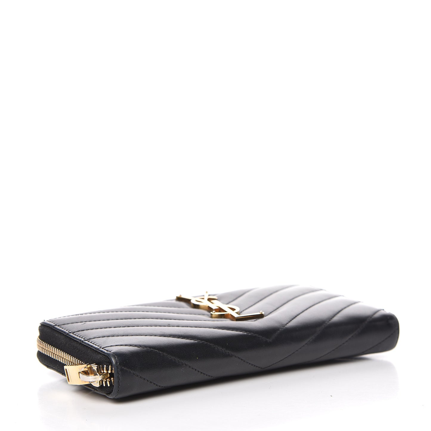 Calfskin Matelasse Chevron Monogram Zip Around Wallet Dark Navy Blue