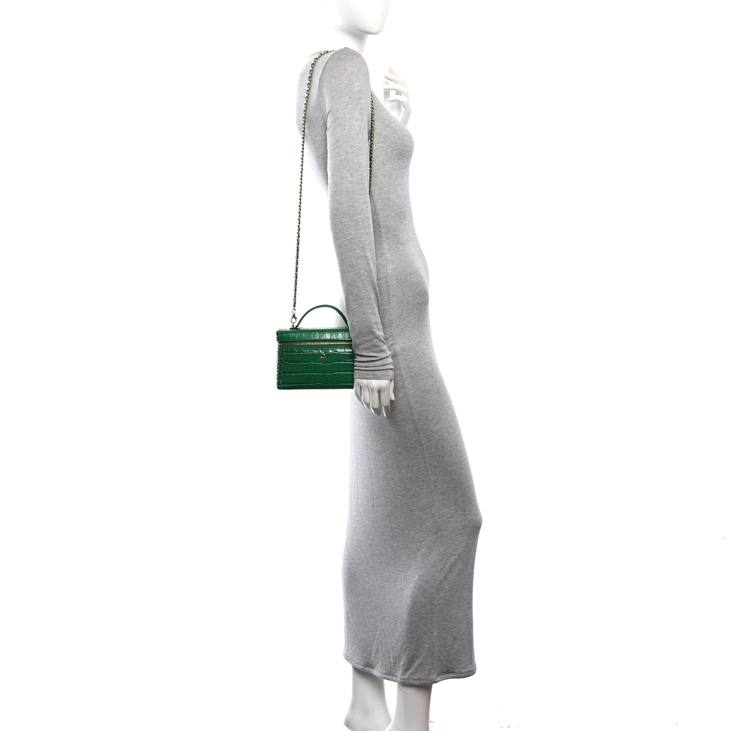 Calfskin Crocodile Embossed Crococo Top Handle Slim Vanity Case With Chain Green