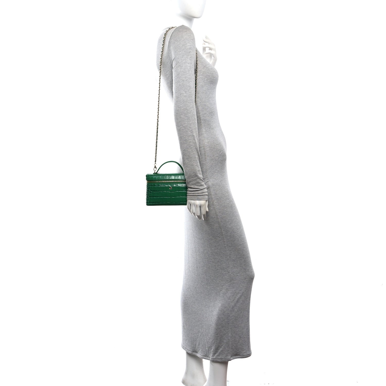 Chanel Calfskin Crocodile Embossed Crococo Top Handle Slim Vanity Case With Chain Green 2 of 11