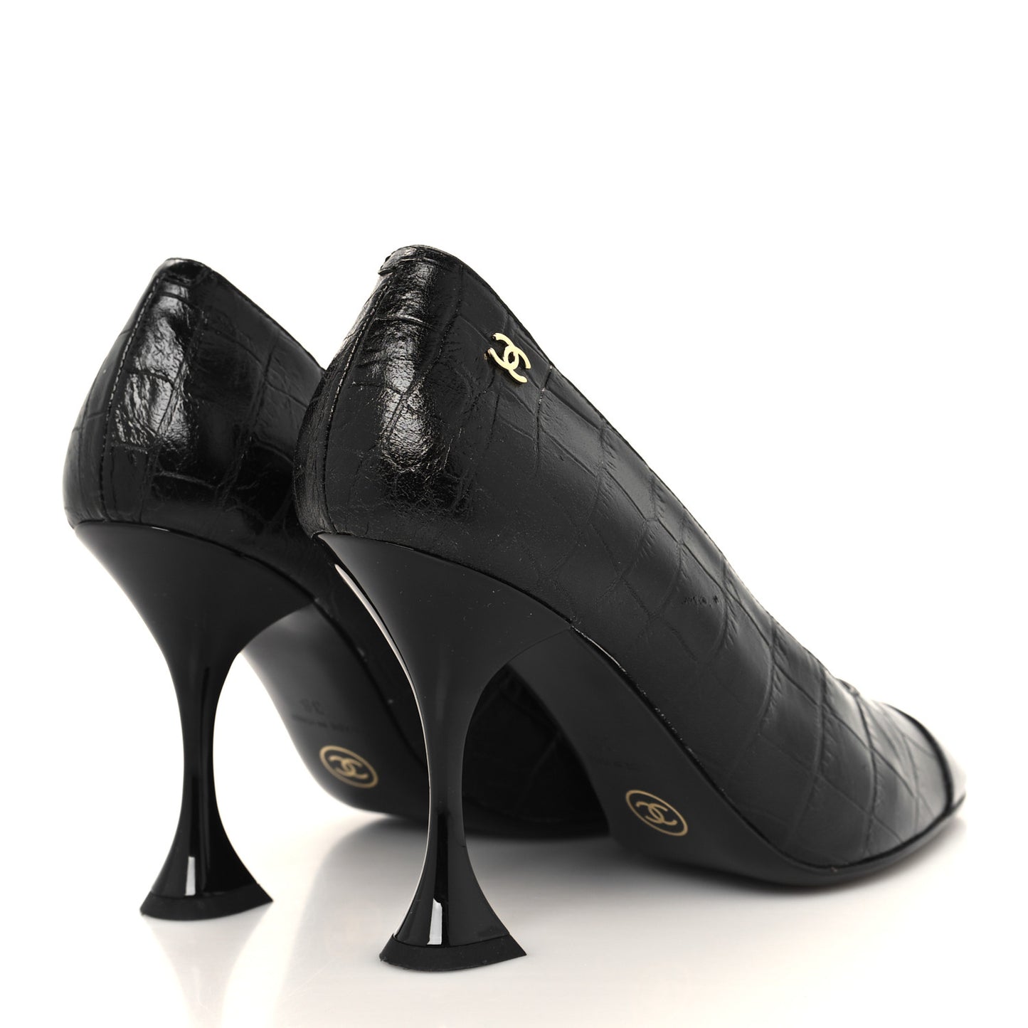 Crocodile Embossed Crumpled Patent Cap Toe Pumps 36 Black