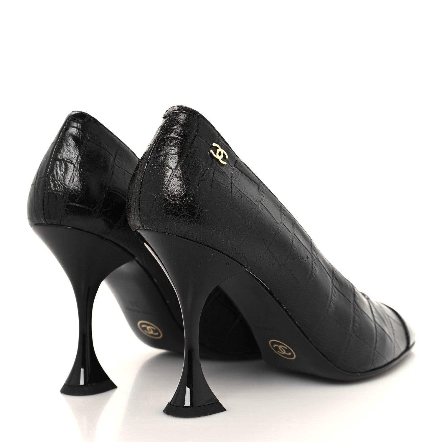 Chanel Crocodile Embossed Crumpled Patent Cap Toe Pumps 36 Black 4 of 9