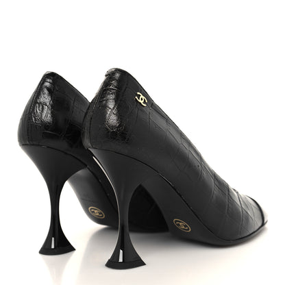 Chanel Crocodile Embossed Crumpled Patent Cap Toe Pumps 36 Black 4 of 9
