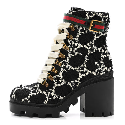 Gucci Tweed GG Monogram Lace Up Combat Ankle Boots 38.5 Black 1 of 9
