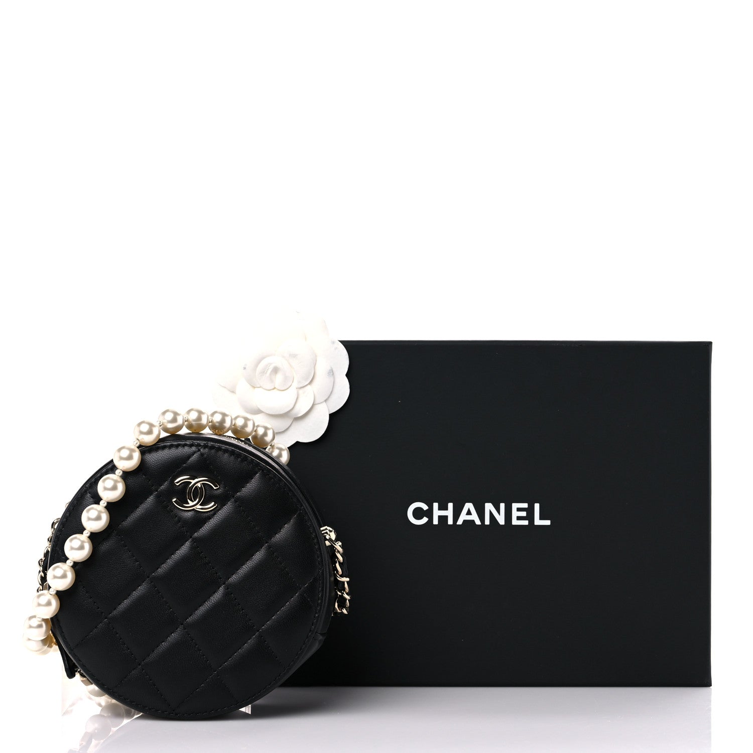 Chanel Lambskin Quilted Pearl Chain Round Clutch With Chain Black 9 of 9