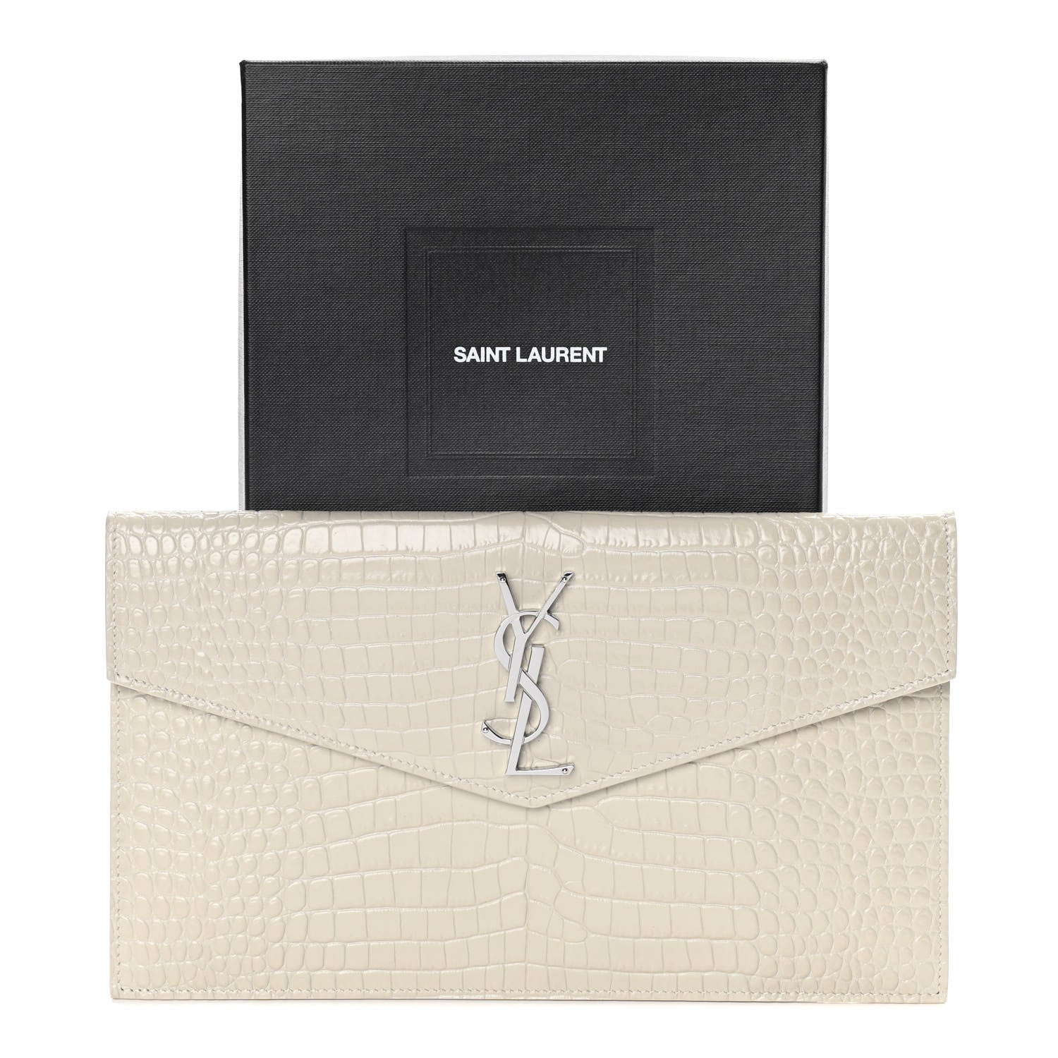 Saint Laurent Calfskin Crocodile Embossed Uptown Monogram Pouch Crema Soft 9 of 9
