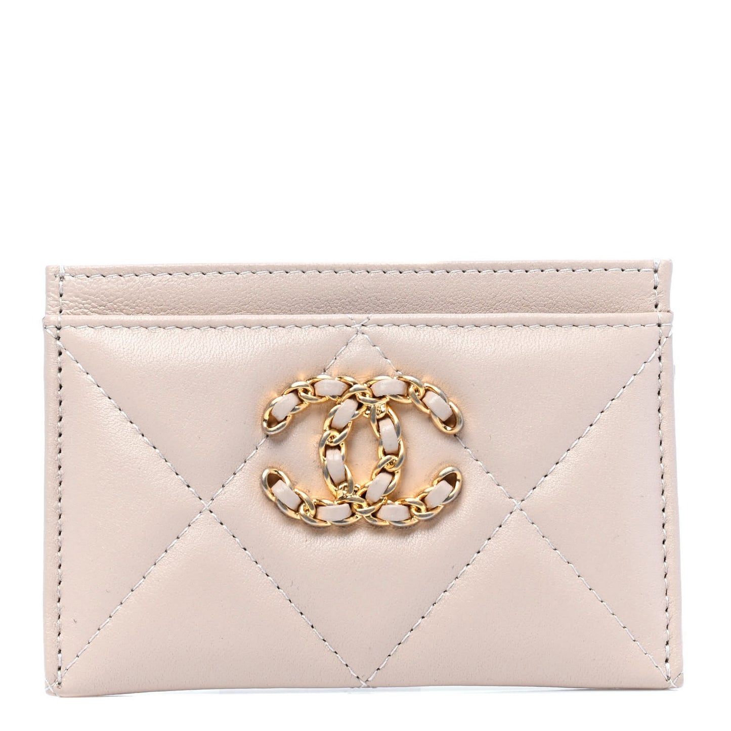 Shiny Goatskin Quilted Chanel 19 Card Holder Beige