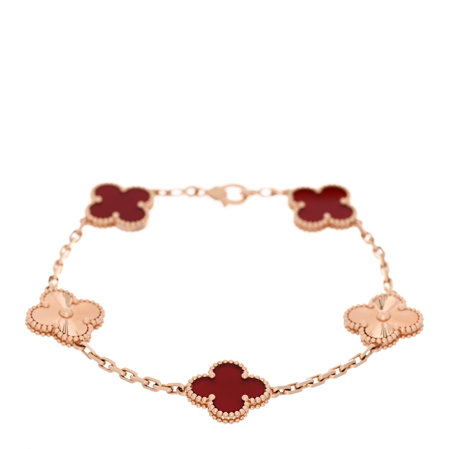 18K Rose Gold Carnelian 5 Motifs Guilloche Vintage Alhambra Bracelet