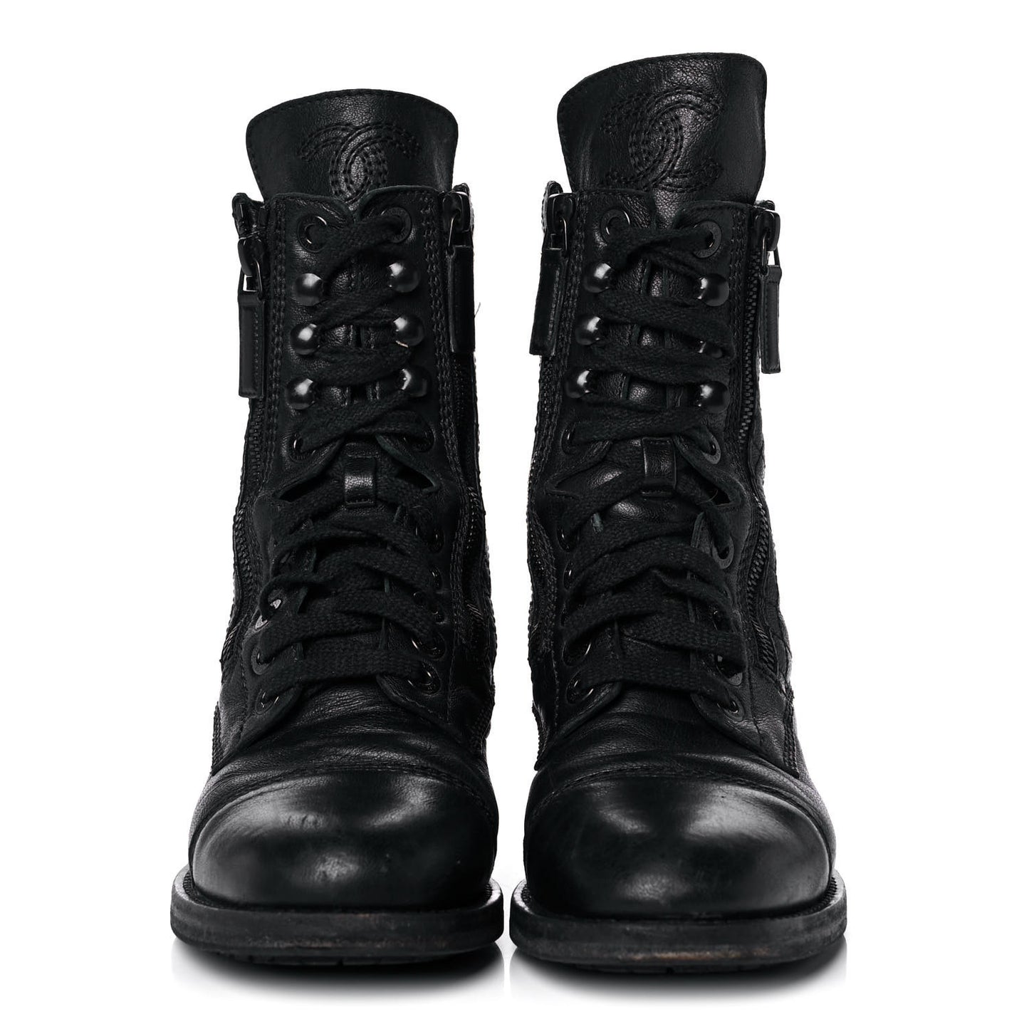 Calfskin Quilted Lace Up Combat Boots 36 Black
