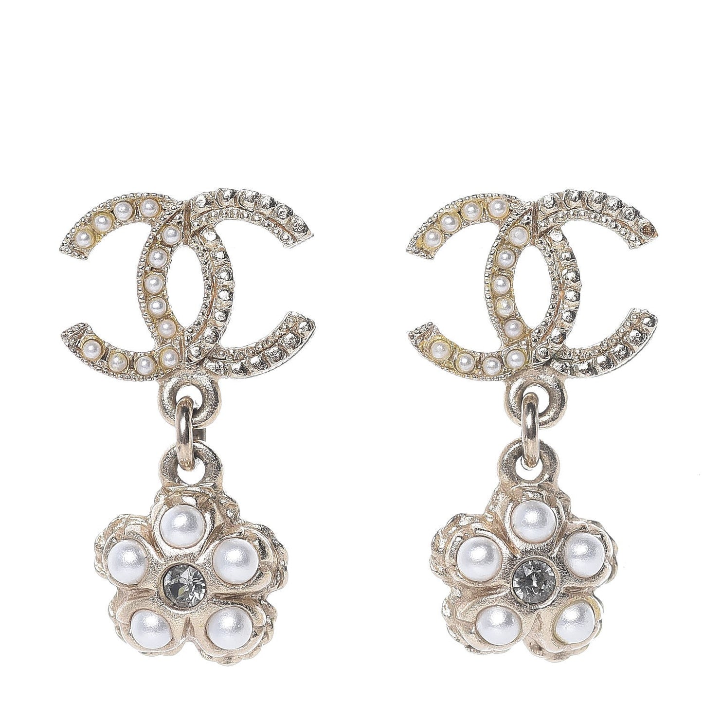 Pearl Crystal CC Flower Drop Earrings Gold