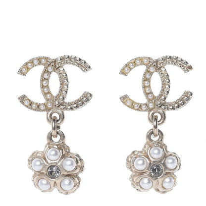 Chanel Pearl Crystal CC Flower Drop Earrings Gold 1 of 4